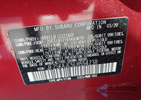 2020 Subaru Forester Premium из США, поврежденный, VIN JF2SKAJC5LH554238